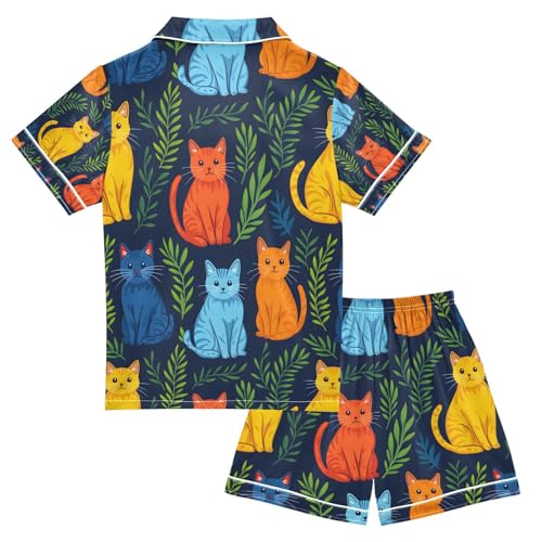 senya Colorful Cute Cat 2 Satin Summer Pajama Sets Silk Short Sleeve Button Down Sleepwear2