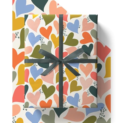 Colourful Hearts Wrapping Paper - HUGE 43% BIGGER [84cm x 60cm] Eco Friendly Recyclable Love Heart Gift Wrap for Anniversary Wedding Birthday Valentines Day Husband or Wife (4 Sheets & 4 Tags)