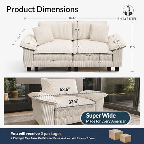 Image of HERA'S HOUSE 88 inch Oversized Modular Sectional Loveseat Sofa, Corduroy Beige | Loveseat Living Room Couches, Wider Armrest and Deep Seat, Comfy Cloud Couch with Ottoman, Wood Sturdy Frame