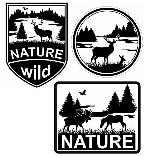Finest Folia R051 Lot de 3 autocollants de véhicules, au motif d’animaux sauvages (cerf, élan), résistants au lavage, avec inscription Nature Wild