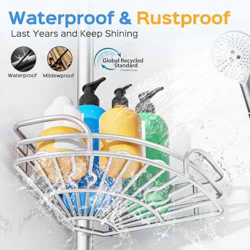 Image of HAMITOR Corner Shower Caddy Tension Pole, Adjustable No-Drill Widen Shelves,Silver Gray,Four Wire Basket