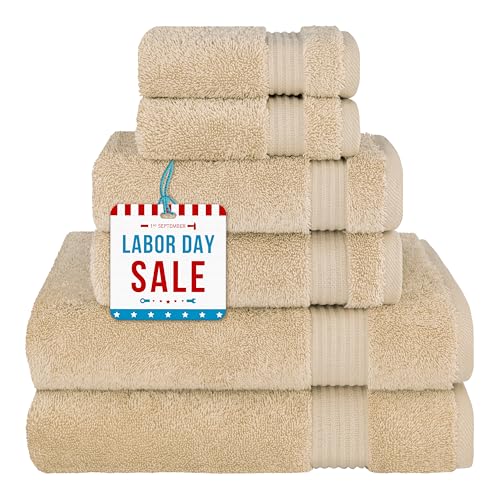 Cotton Paradise 6 Piece Towel Set, 100% Cotton Soft Absorbent Turkish Towels for Bathroom, 2 Bath Towels 2 Hand Towels 2 Washcloths, Beige Towel Set