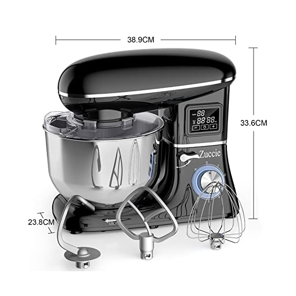 Küchenmaschine, Zuccie 6.2L Touchscreen Knetmaschine 1500W Teigmaschine mit LCD-Anzeige Timing-Funktion inkl. 5-Teiliges Zubehörset und Spritzschutz, 6+P Gangschaltung Ruhrmaschinen - Schwarz – Bild 7