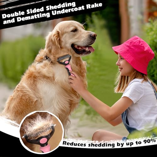 Image of Professional 3PCS Self Cleaning Slicker Brush & Pet Grooming Rake & Flea Comb for Dogs,Cats and Horses | Double-Sided Dematting Comb & Skin Friendly Deshedding Grooming Tool (Light Pink)