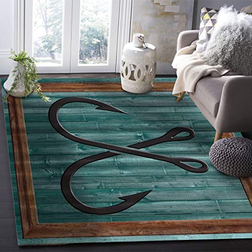 Indoor Outdoor 3'X5' Area Rug - Non-Slip Backing Easy-Cleaning Living Room Rugs Soft Washable Area Rugs Blue Anchor Wooden Board Floor Carpet For Bedroom Nursery Dorm #TOP2