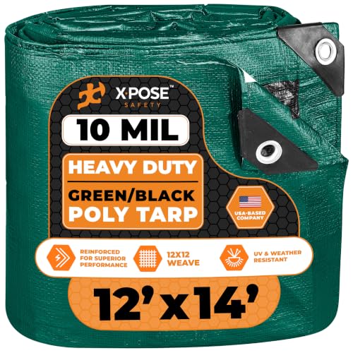 Image of Heavy Duty Poly Tarp - 12' X 14' - 10 Mil Thick Waterproof, UV Blocking Protective Cover - Reversible Green and Black - Laminated Coating - Grommets - by Xpose Safety