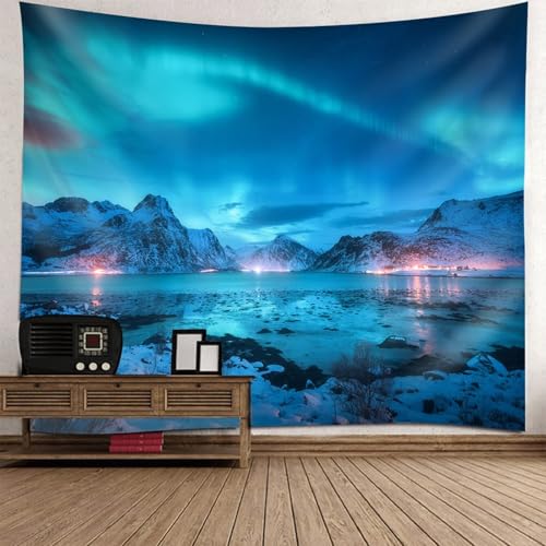 Calefee - Tapiz de pared para dormitorio, 210 x 140 cm, decoración de pared, salón de poliéster, con diseño de paisaje natural Aurora Boreal de invierno