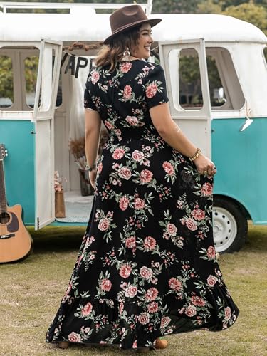 Image of SGF11 Floral Summer Dresses for Women 2026 Design Boho V Neck Short Sleeve Slit Maxi Dress Wear Casual