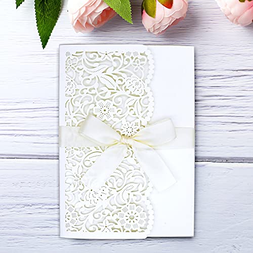 YHOTA 20 pcs Laser Cut Invitations Cards Pockets with Ribbons