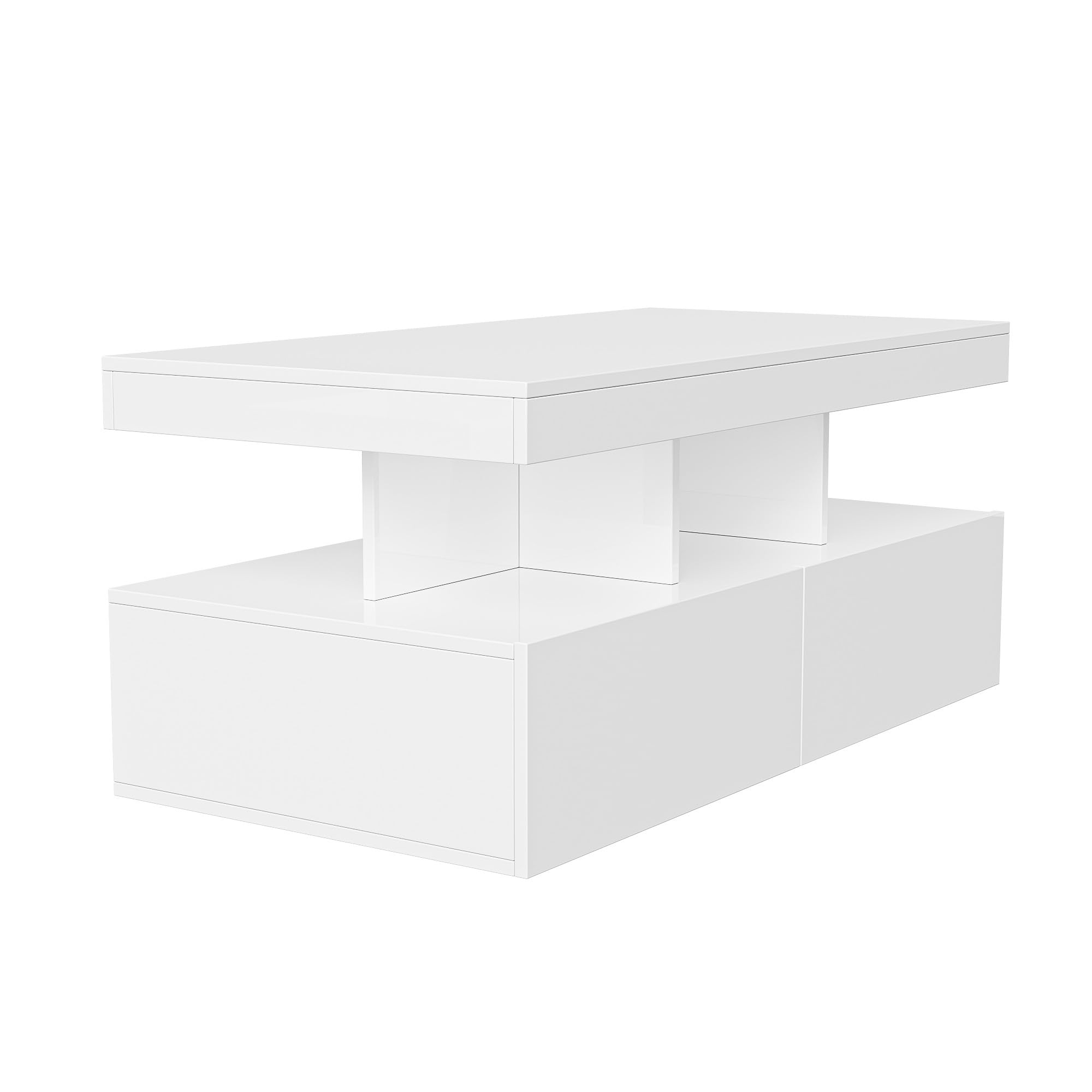 Tavolino da salotto, bianco, lucido, con illuminazione a LED RGB, tavolino con 2 cassetti, tavolino con vano portaoggetti, moderno, superficie liscia, 104 x 46 x 53 cm (bianco)