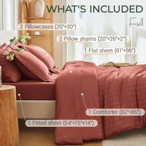 Image of MUXHOMO 7 Pieces Full Comforter Set, Seersucker Bed in a Bag Full Size, All Season Luxury Bedding Set with Comforter, Flat Sheet, Fitted Sheet, Pillowcases & Shams, Coral