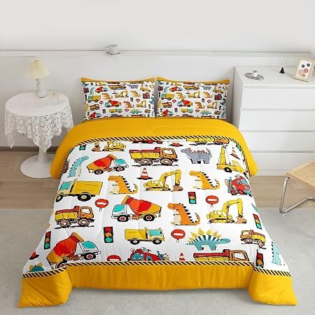 Kids Construction Duvet Insert/Quilt Boys Cute Cartoon Dinosaur Comforter For Toddler Ultra Soft Equipment Trucks Excavators Car Bedding Set Machinery Truck Dino Down Comforter Double Size Duvet Set — image 1