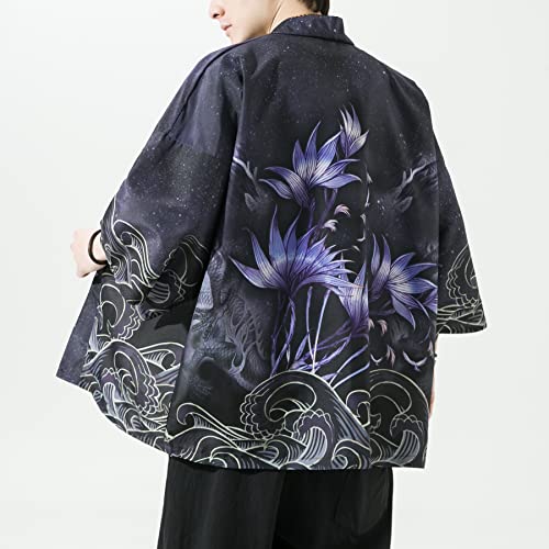 Image of Men's Japanese Kimono Robe Jacket Lightweight 3 /4 Sleeve Open Front Yukata | Silky Smooth Fashion Print Happi Coat Lightweight Breathable Loose Unisex Haori Casual Summer Cardigan Daily Beach Vacation