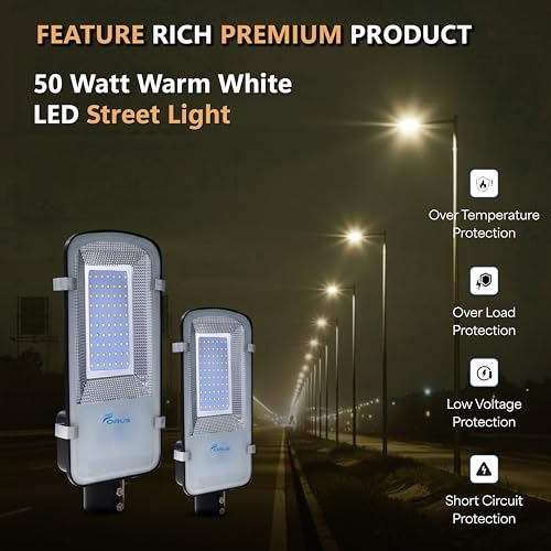 Image of Forus 50W LED Street Light with Clamp, IP66 Waterproof Outdoor LED Street Light, High Lumen 6000lm Warm White, Aluminium Body for Road, Parking Lot, Garden & Industrial Outdoor Lighting (1 Pc)