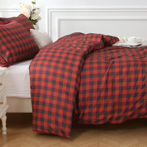 MUXHOMO Duvet Cover Full Size Floral Duvet Cover Set with Zipper Closure, Red Plaid Bedding Set, 3 Pieces, 1 Duvet Cover 80"x90" with 4 Corner Ties and 2 Pillowcases 20"x26"