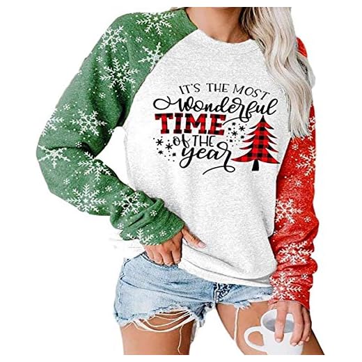 TAOHONG Merry Christmas Sweartshirt for Women Xmas Buffalo Plaid Tree Color Block Christmas Snowflake Print Long Sleeve Top T-Shirt Gray