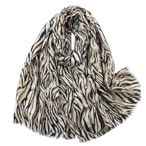 KRUIHAN Bufanda Mujer Estampado Cebra Beige 180x85cm, Ligera para Otoño e Invierno, Ideal para Regalos, Fiestas y Uso Diario, Chal Elegante con Detalles Dorados