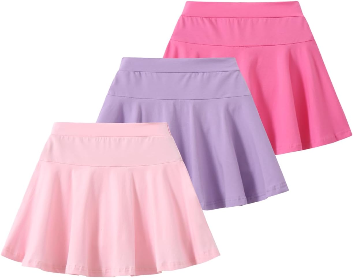 2 Pack Girls Skirts Elastic Flared Plain Tennis Skater Skirts with Built-in Shorts Kids Active Flowy Skorts