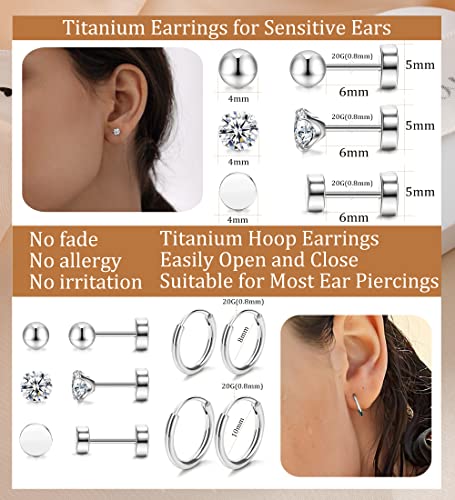 Staligue 5 Pairs Titanium Earrings - Dot Ball Cubic Zirconia 20 Gauge Pure Titanium Stud Hoop Earrings Set - Flat Back for Women4