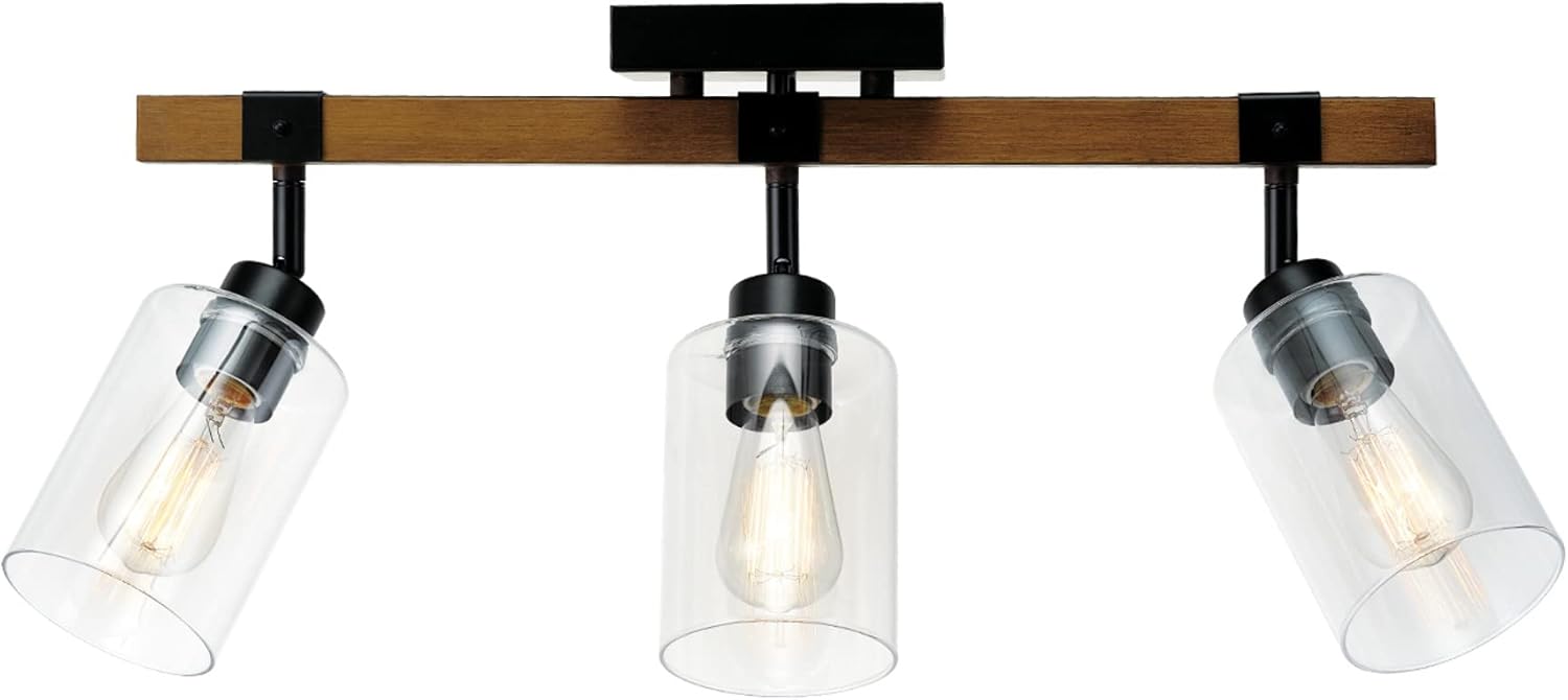 Globe Electric 57502 3-Light Track Lighting, Wood Toned, Matte Black Accents, Clear Glass Shades, Pivoting Heads, Modern Farmhouse, Ceiling Light for Kitchen Island and Dining Room Table