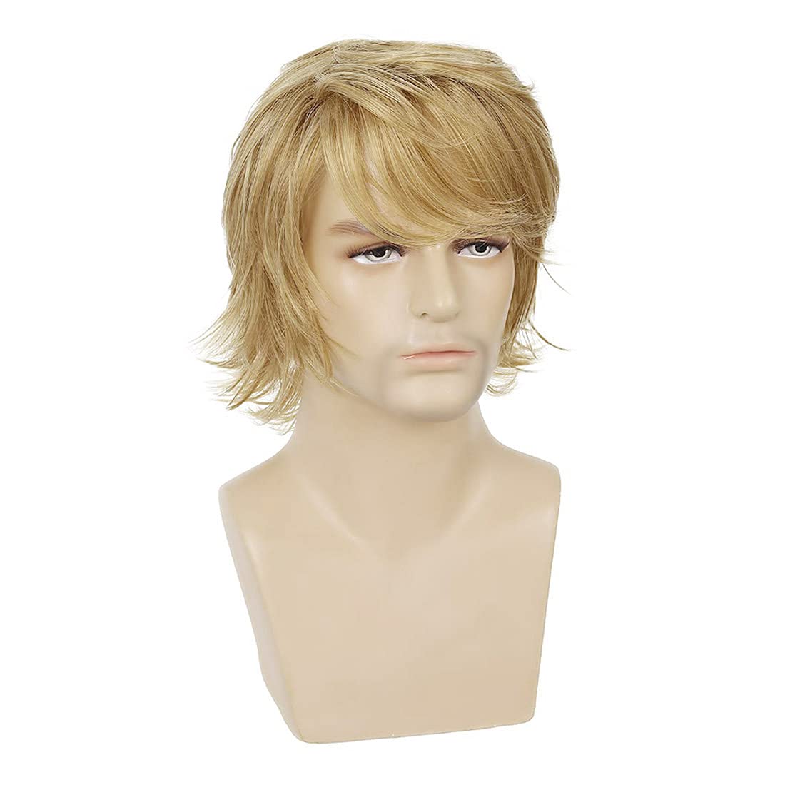 Sallcks Mens Blonde Short Fluffy Layered Wig Natural Synthetic Halloween Cosplay Hair Wig for Male Guy