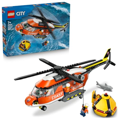 LEGO City Coast Guard Helicopter Toy - Emergency Vehicle Model Kit w/Sliding Doors Winch 4 Minifigures & Shark Figure - Birthday Gift for 7+ Year Old Boys - 60503
