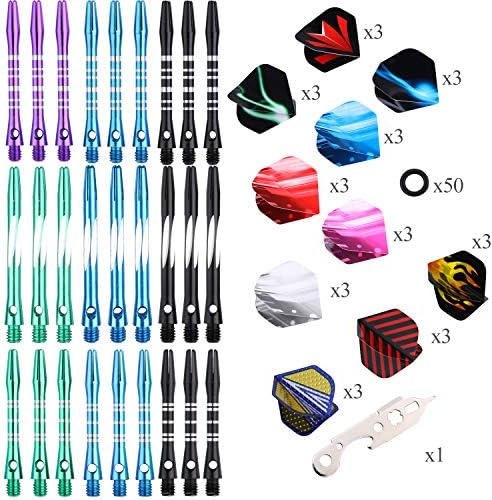 Sanfeng 9 Sets 27 pcs Aluminum Dart Shafts Medium Short 45mm/38mm - Dart Stems Accessories + 30 Flights + 50 Rubber O-Rings + 1 Dart Wrench for Steel Tip Soft Tip Darts 2BA Universal