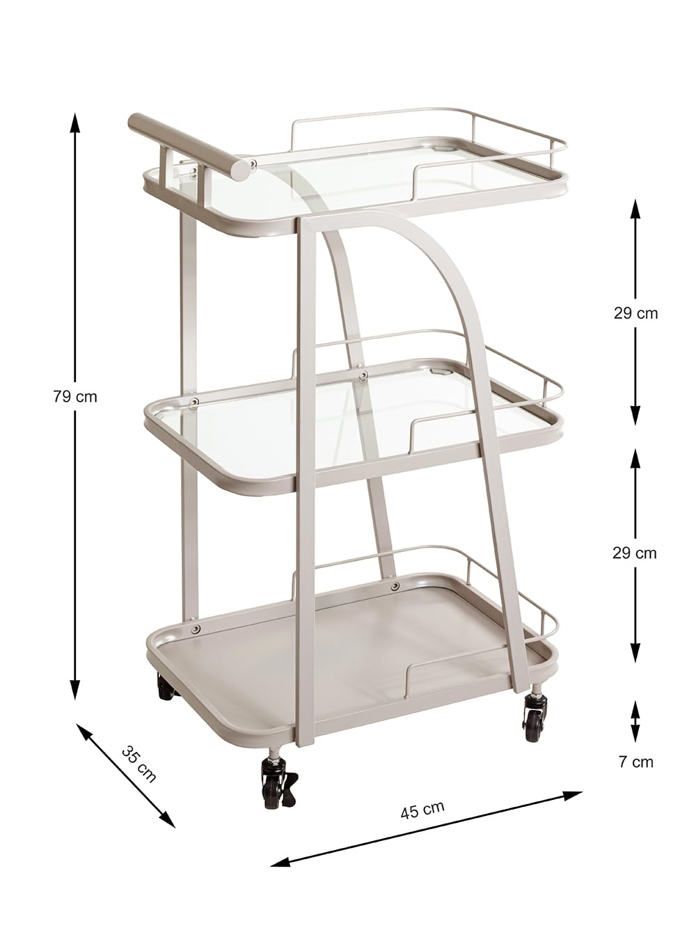 HAKU Carro de Servicio Gris Cachemira, Metal, Vidrio de Seguridad de 5 mm - Dim.: An 35 x Al 79 x P 45 cm, Estilo: Moderno