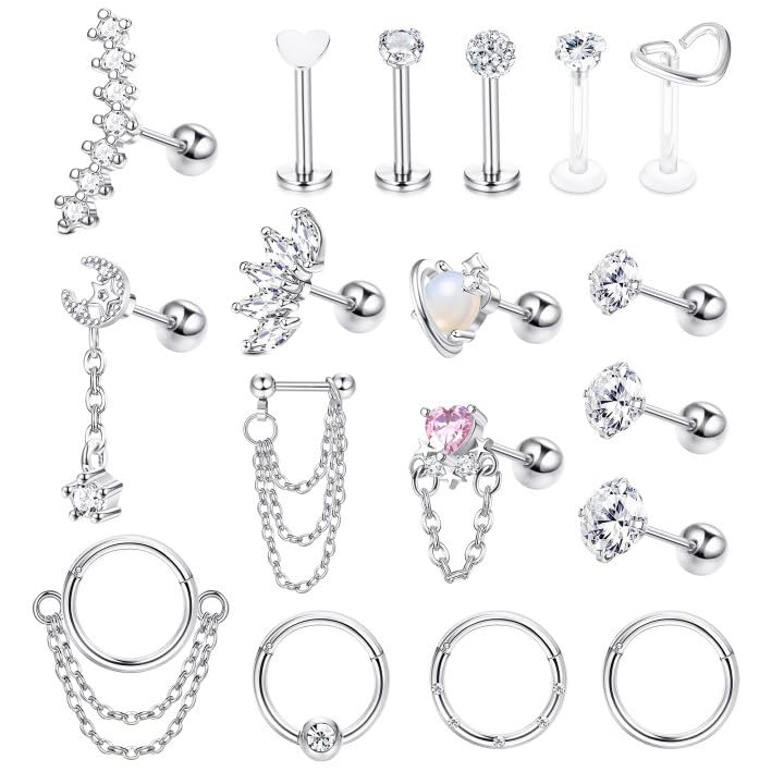KRFY Helix Piercing Set Cartílago de Acero Quirúrgico Piercing Collar Tragus Joyería Hipoalergénica Bola Espalda Plana Pendientes Zirconia Piercing Oreja para Mujer 16G