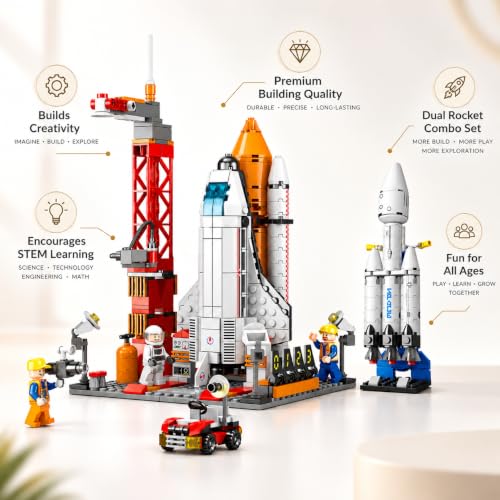 Image of SKY LINE OCEAN 8861 Space Ship Exploration Rocket & Launcher Set + Falcon Heavy Rocket 79 PCS Combo, STEAM Aerospace Building Kit, 5-Year Structural Warranty