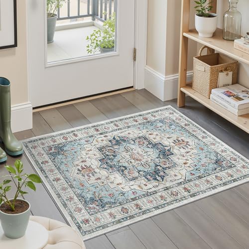 Madane Washable Entry Rug 3x4, Area Rugs for Entryway Kitchen Bathroom Door Mat Indoor Entrance, Vintage Floral Print Office Runner with Non Slip Rubber Backing, Blue