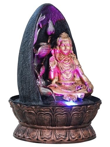 Image of Golden and Grey Polyresin Tabletop Lord Shiva Showing Mudra 3 Step Indoor Water Fountain for Home Decor with LED Light & Speed Control Pump (Size: 27 x 27 x 39CM | Wt: 2140Gram)