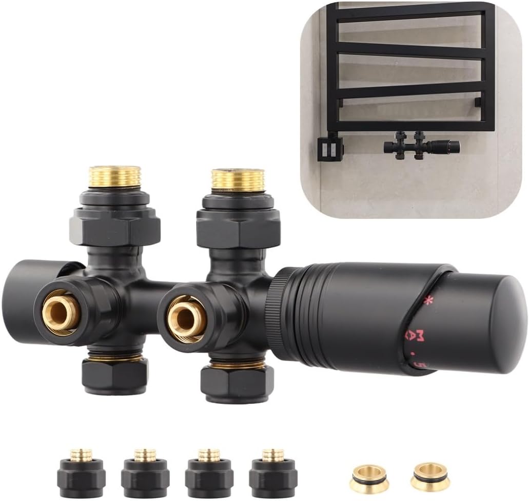 Radiator Multiblock Set, Thermostat Regulator with Center Connection Valve Cock Block, Continuous and Corner Shape Connection Multiblock Fitting, for Bathroom Heating Accessories
