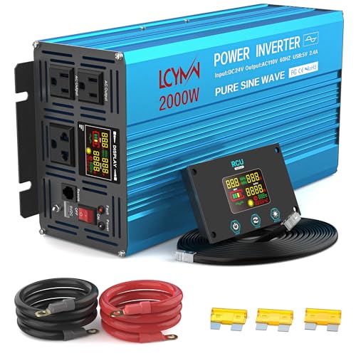 Image of 2000 Watt Inverter Pure Sine Wave DC 24V to 110V/120V AC Power Inverters with 3 AC Charger Outlets Car Solar Converter for Vehicles Home with LCD Display and 2.4A USB Charging Port