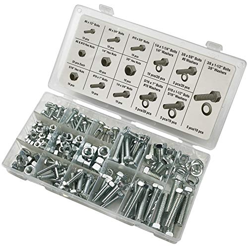 Katzco 240 Piece Standard Nuts and Bolts Set - Zinc Oxide Finish Bolts, Hex Nuts, and Washers - Assorted Kit - Resealable Plastic Case