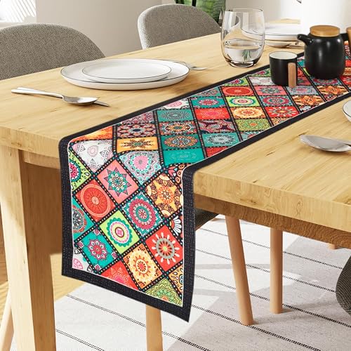 Image of Homerz Premium Runner for 6 Seater Dining Table, 13x72 inch Size, Antiskid Backing, Soft Velvety Fabric (Bohemian Square)
