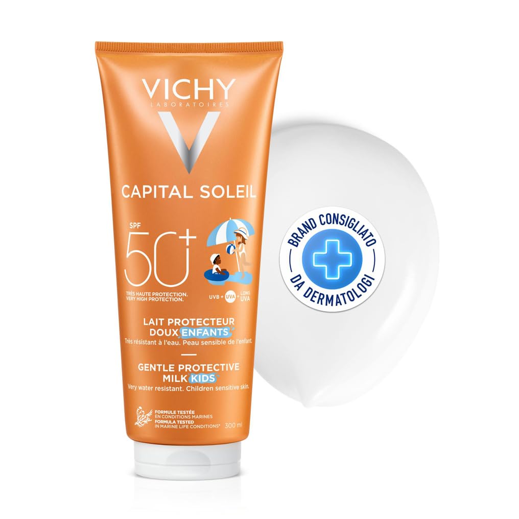 Vichy Capital Soleil, Latte Delicato per Bambini SPF50, Per Pelli Sensibili, Protezione Immediata e Alta Contro i Danni dei Raggi UV, Con Mexoryl, Minerali e Acqua Vulcanica di Vichy, 300 ml