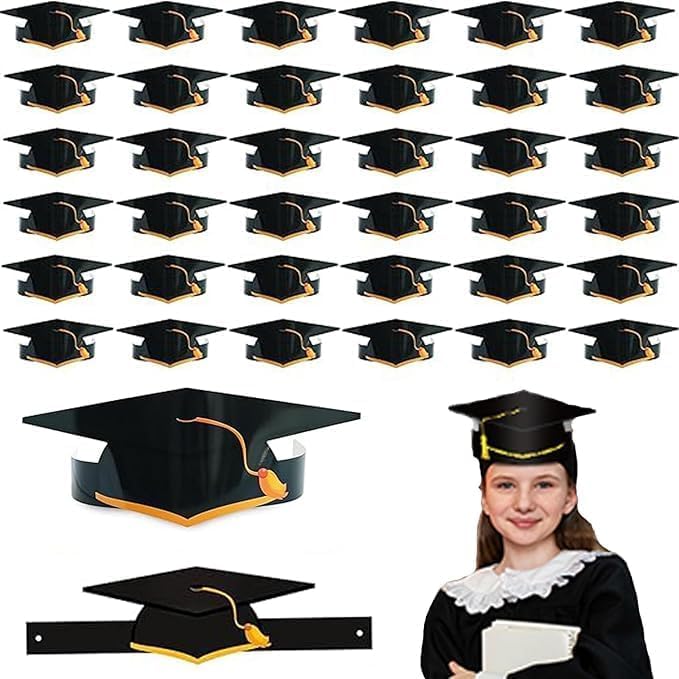 36 cappellini di laurea per bambini e adulti, corona di carta per laurea, corona di carta regolabile, decorazione per regali di laurea per bambini, asilo, regali prescolari, nero