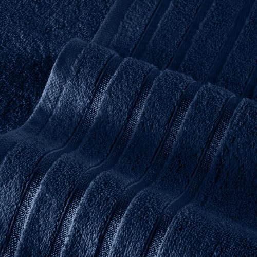 Image of Elegant Comfort 4 Lines Viscose Stripe 6-Piece Towel Set 100% Turkish Cotton High Absorbent Luxury Bathroom Towels Includes 2 Washcloths, 2 Hand and 2 Bath Towels Set, Navy Blue (Pack of 4)