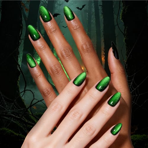 Image of Beetles Halloween Press On Nails, Green Cat Eye Short Almond, 32 Pieces
