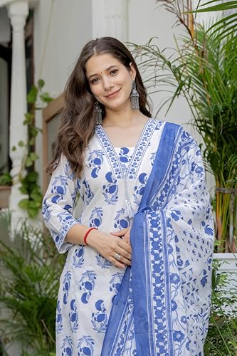 Image of PARTHVI Women's Cotton Printed Kurta Set with Pants & Dupatta | Elegant Ethnic Wear for Women | Floral Print | Comfortable Suit Set