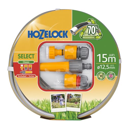 HOZELOCK - Select Hose 12.5mm x 15m Starter Set, Up To 70% Recycled PVC, Braided Reinforcement, Hard-Wearing Garden Hose, Quality and Durability, Fittings Included [100-100-581]