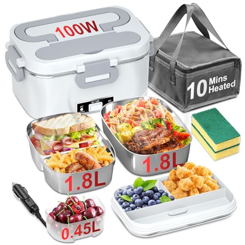 Electric Lunch Box for Adults - 2 Pack 1.8L Container 100W Heated Lunch Box for Men Fast Heating Food Heater Portable with ON/OFF Switch, 0.6L Compartment Lid for Car, Truck, Office (12V/24V/110V)