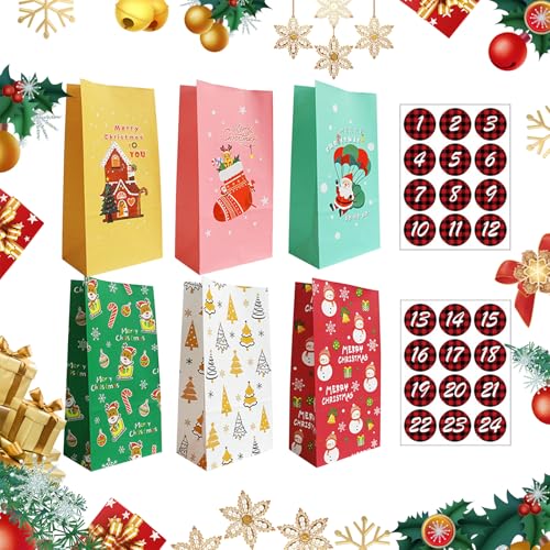 Christmas Advent Calendar Paper Bags, 24 Days Countdown Calendar Kraft Goody Gift Treat Bags with Sealing Numbers Stickers for DIY Fillable Xmas Party Favors Decorations