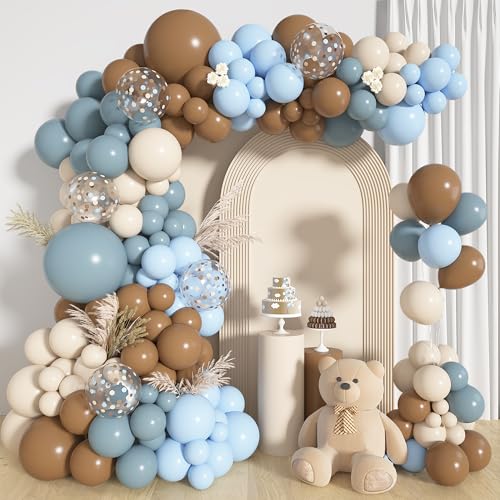 Ouddy Life 142Pcs Dusty Blue and Brown Balloons Arch Kit Ted Bear Baby Shower Decorations Pastel Sand White Star Foil Balloon for Boy Baby Shower Gender Reveal Birthday Party Decoration