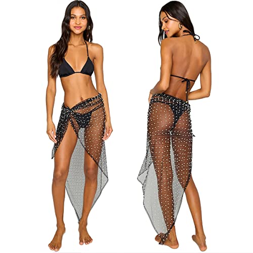 Pearl Swimsuit Cover Up for Women, Rhinestone Beach Sarong Bathing Suit Cover Up, Sheer Mesh Tie Skirt2