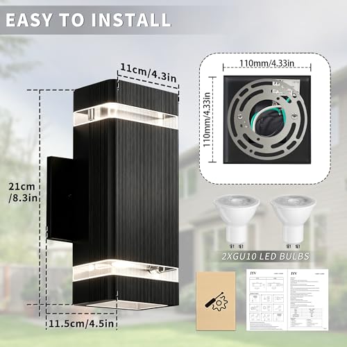 Image of JYV Outdoor Wall Lights, Square Up and Down LED Porch Lights, Black | Waterproof Exterior Lighting Fixtures, 2x7W 3000K Bulbs, Outdoor Lights for House Porch Garage Patio