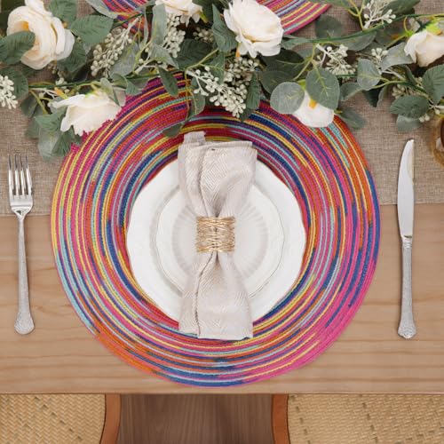 Image of SHACOS 15 inch Round Placemats Set of 6 Variegated Multicolor Place Mats Cotton Polyester Braided Non Slip Washable Heat Resistant Table Mats for Home Wedding Dinner Party Table Decor, Rainbow Pink