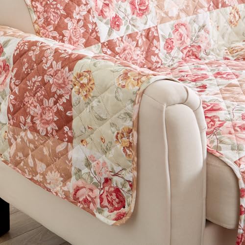 Image of Great Bay Home Reversible Floral Patchwork Loveseat Furniture Protector - Machine Washable, Scalloped Edge, Stain Resistant, Printed Furniture Cover for Dogs, Kids, and Pets (Burgundy /Taupe)