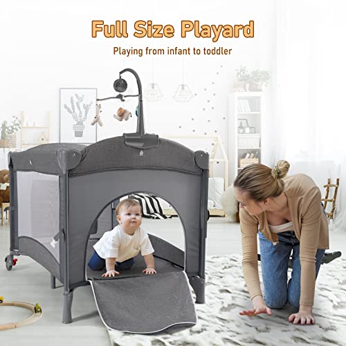 Image of Baby Bassinet Bedside Sleeper Baby Crib, Pack and Play with Bassinet and Changing Table, Portable Travel Baby Playpen with Bassinet Toys & Music Box, Mattress for Girl Boy Infant Newborn Gray